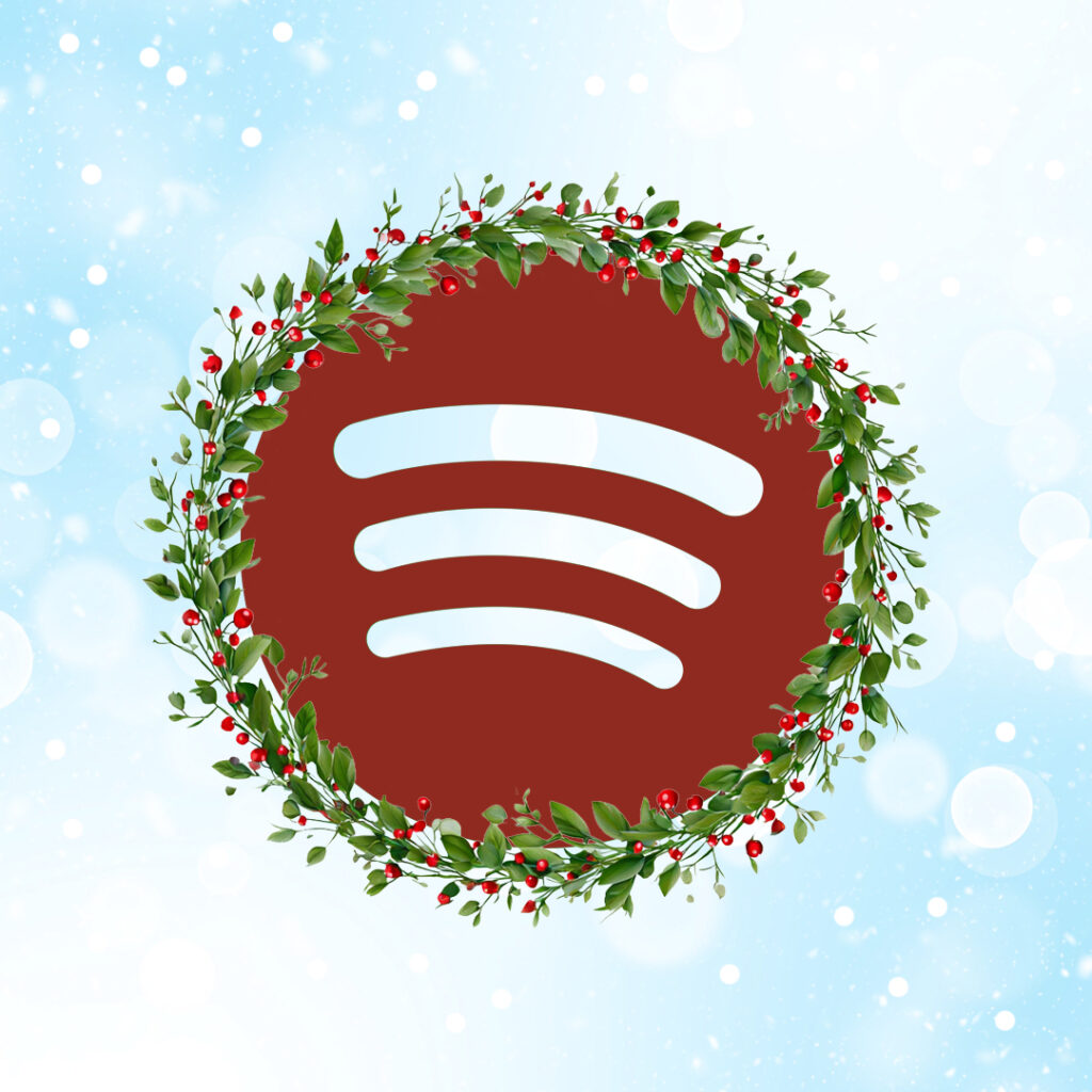 Red Spotify logo with holiday wreath around it, resting on a light blue background with snow falling.